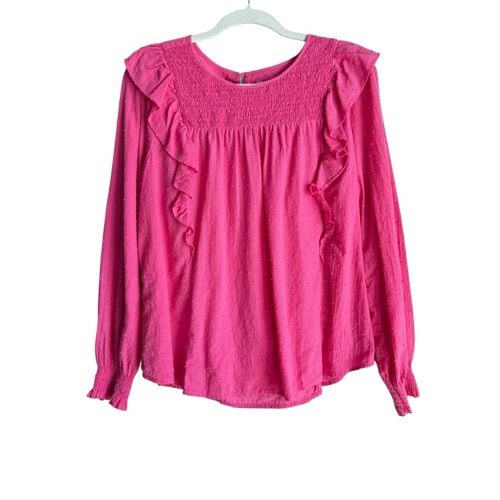 LOFT Women's Hot Pink Clip Smocked Dots Long Sleeve Ruffle Blouse Top Size Large